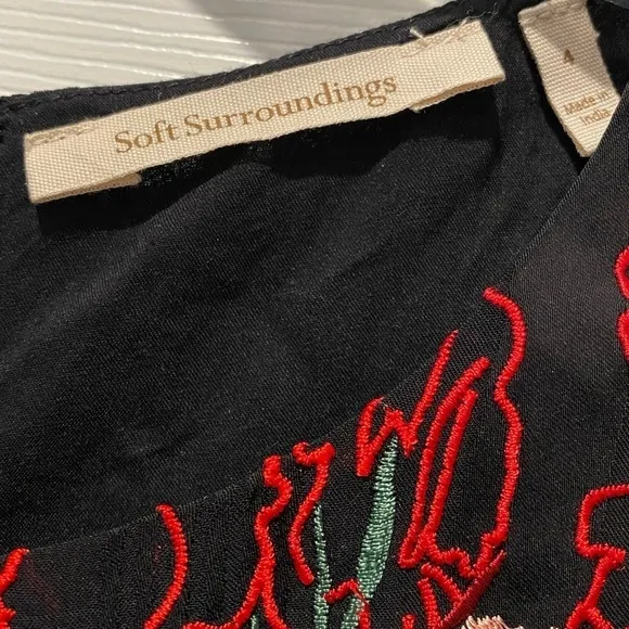 Soft Surroundings Cadenza Black Embroidered Sleeveles Floral Black Red dress 4C