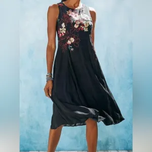 Soft Surroundings Cadenza Black Embroidered Sleeveles Floral Black Red dress 4C