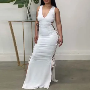 Solid Deep V-Neck Sleeveless Hollow Out Maxi Dress