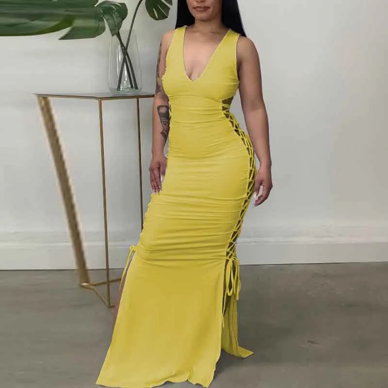 Solid Deep V-Neck Sleeveless Hollow Out Maxi Dress