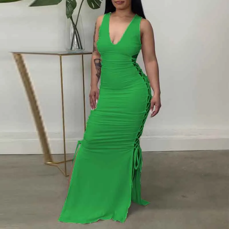Solid Deep V-Neck Sleeveless Hollow Out Maxi Dress