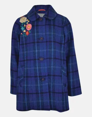 Sophie: Blue tartan embroidered wool coat