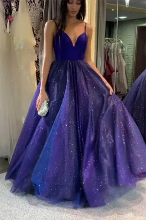Spaghetti Straps A-Line V-neck Modest Tulle Sparkle Prom Dress,MP582
