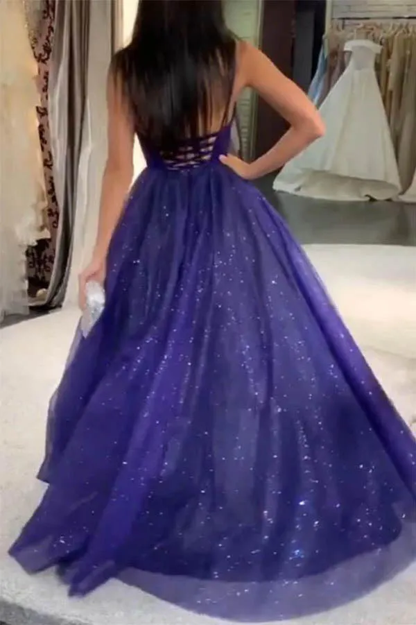 Spaghetti Straps A-Line V-neck Modest Tulle Sparkle Prom Dress,MP582