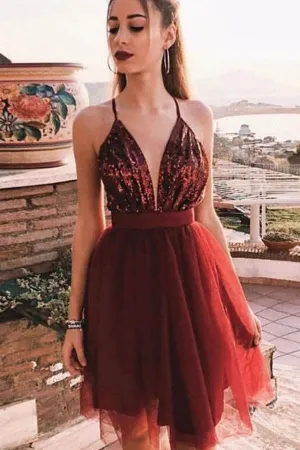 Spaghetti Straps V-Neck Burgundy Tulle Homecoming Dresses with Sequins,MH469
