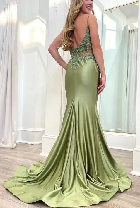 Spaghetti Straps V Neck Green Mermaid Long Prom Dress With Applique        fg5302