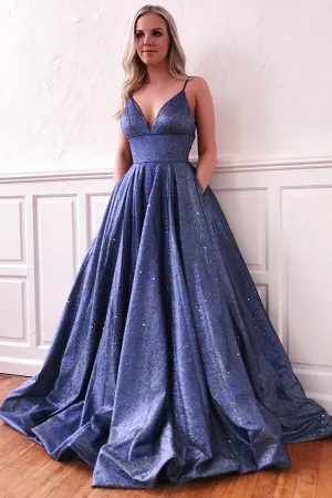 Sparkle A-line Deep V-neck Spaghetti Straps Sweep Train Prom Dress with Pockets,MP561