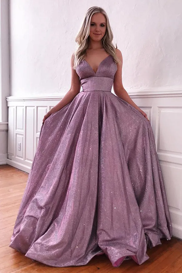 Sparkle A-line Deep V-neck Spaghetti Straps Sweep Train Prom Dress with Pockets,MP561