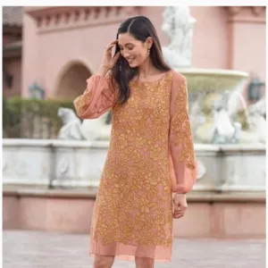 Sundance Pink Gold Floral Embroidered Shift Dress Cocktail Party. Size Medium