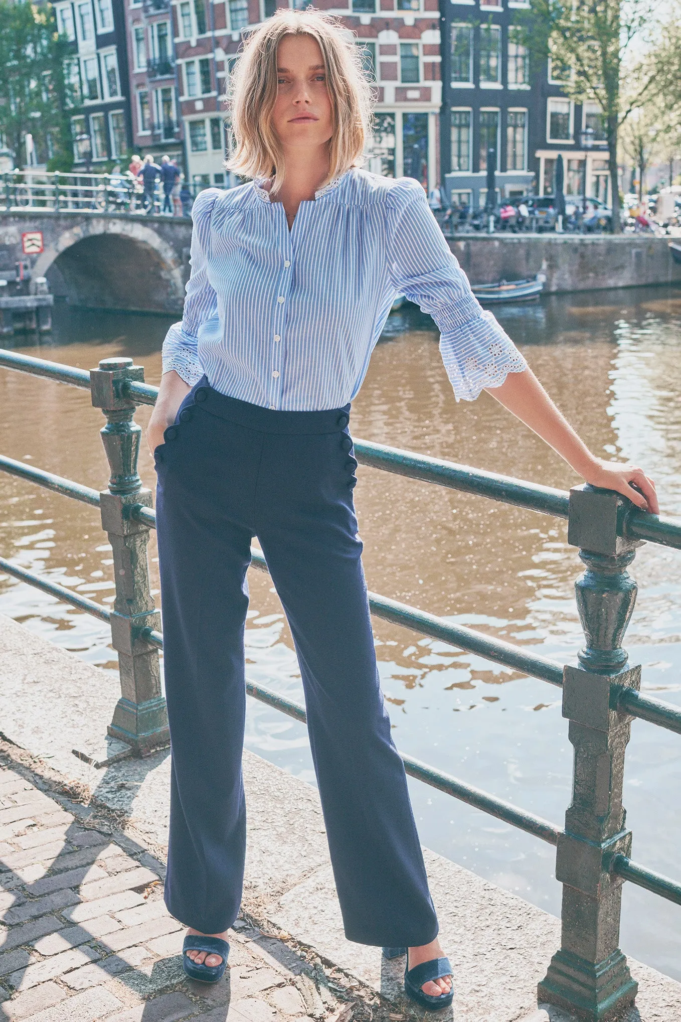 Sydney Scallop Edge Wide Leg Trouser - Navy -  Longer Length