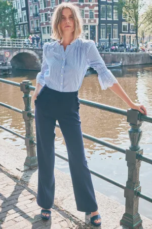 Sydney Scallop Edge Wide Leg Trouser - Navy -  Longer Length