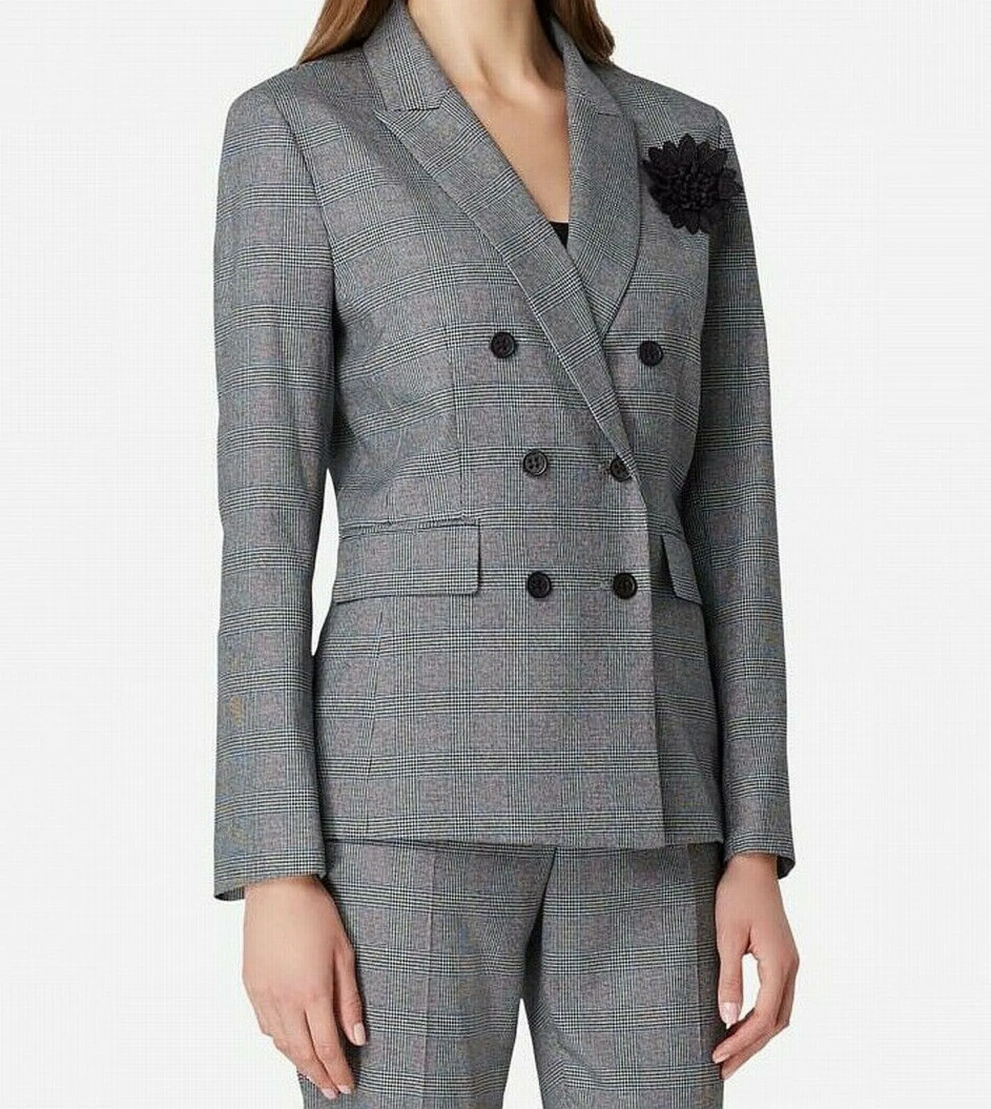 Tahari ASL Women's Petite Double-Breasted Windowpane Suit Jacket Black 4P