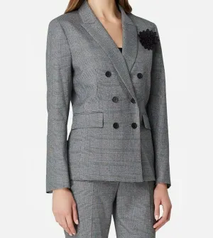 Tahari ASL Women's Petite Double-Breasted Windowpane Suit Jacket Black 4P