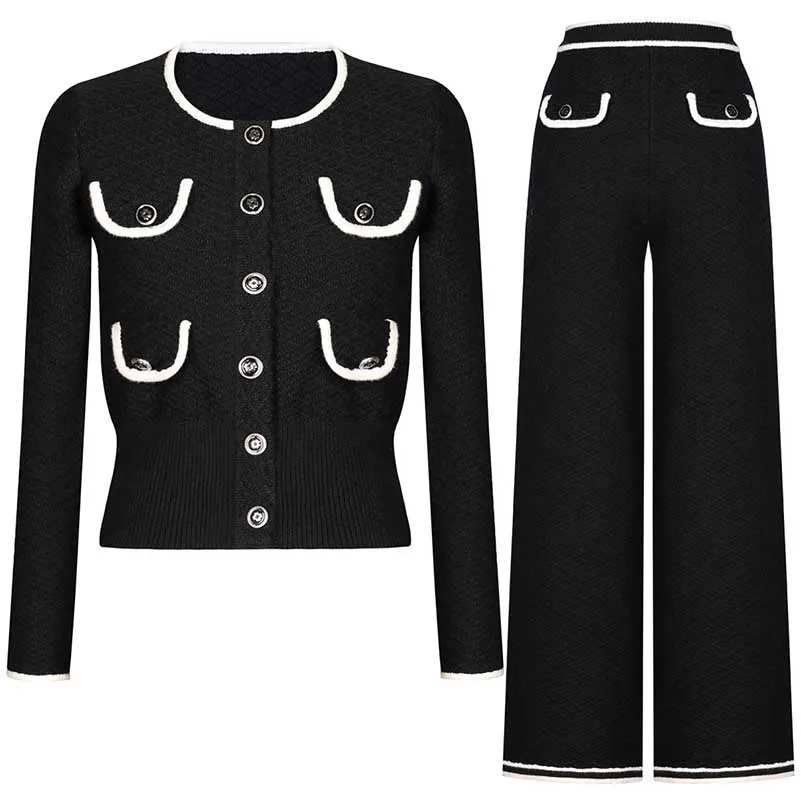 Tailored Button-Up Cardigan Jacket   Wide-Leg Pantsuits Two Pieces Formal Suit