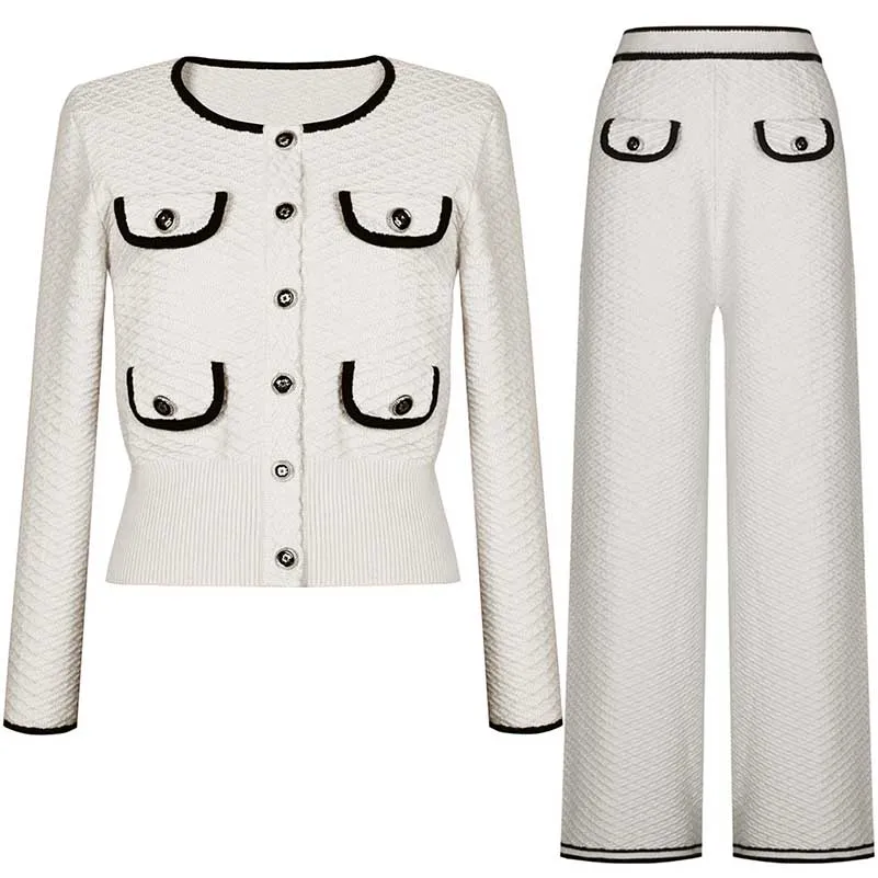 Tailored Button-Up Cardigan Jacket   Wide-Leg Pantsuits Two Pieces Formal Suit