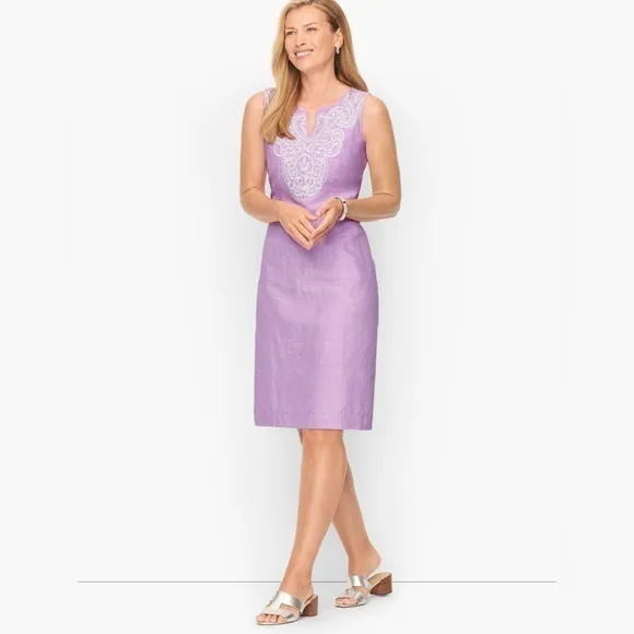 Talbots Purple Embroidered Linen Sleeveless Shift Dress Size 4 NWT