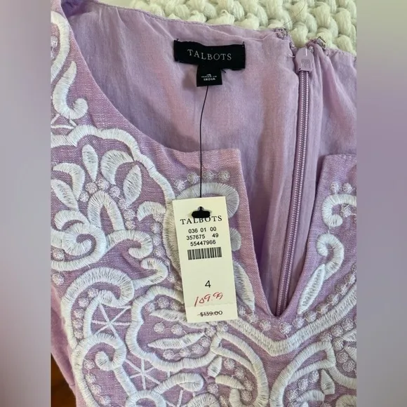 Talbots Purple Embroidered Linen Sleeveless Shift Dress Size 4 NWT