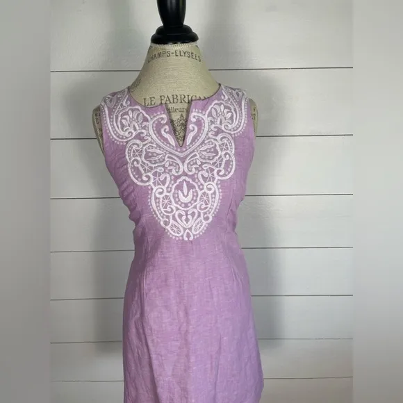 Talbots Purple Embroidered Linen Sleeveless Shift Dress Size 4 NWT