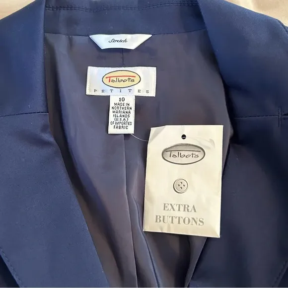 Talbots Women 10 Petite Navy Single Breasted Blazer Jacket Cotton Blend Stretch