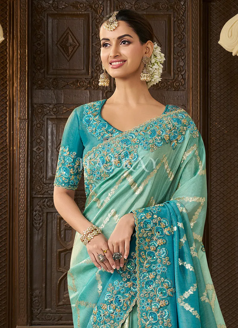 Teal Blue Multi Embroidery Tissue Silk Saree