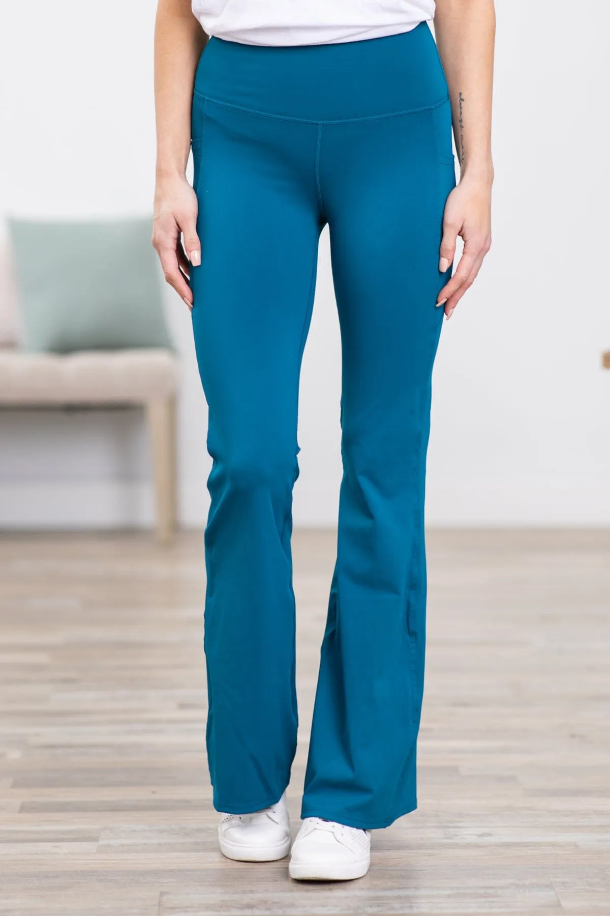 Teal Wide Waistband Flare Yoga Pants