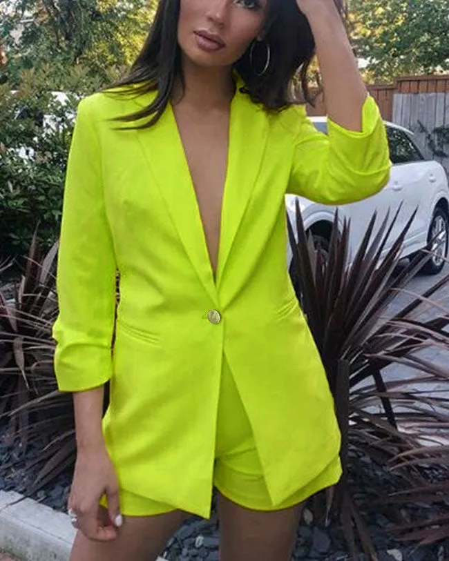 Temperament Tumbling Collar Suit Jacket Shorts Solid Color Two-piece Women's Clothing