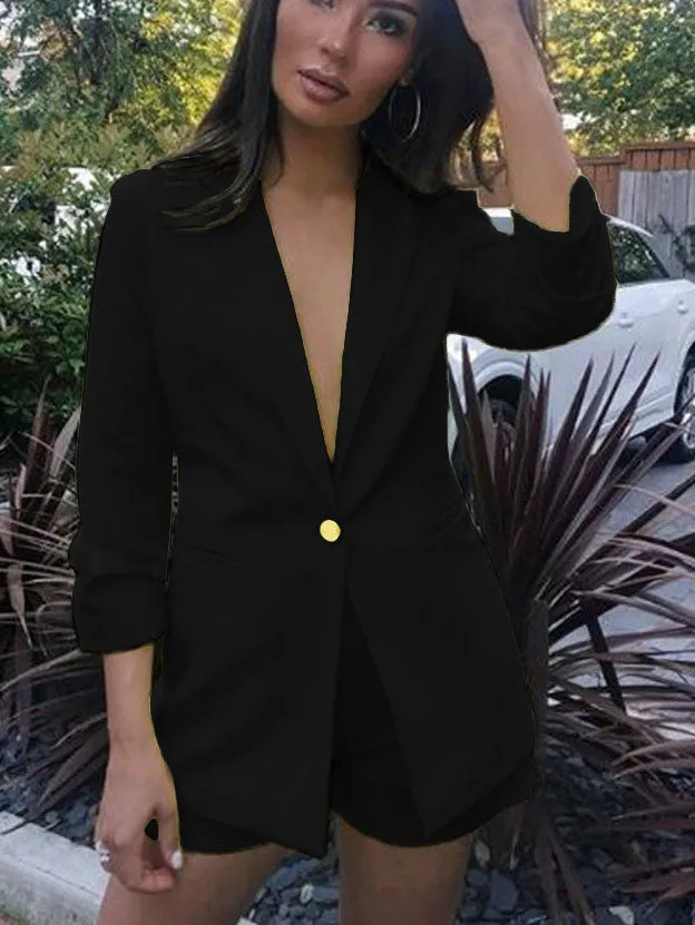 Temperament Tumbling Collar Suit Jacket Shorts Solid Color Two-piece Women's Clothing