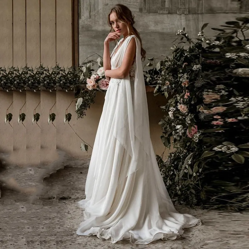 The Sales Rack-A-Line Beach Bohemian Bridal Dress Made In Chiffon With Lace Appliques