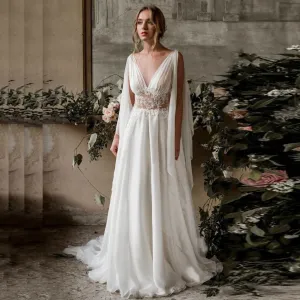 The Sales Rack-A-Line Beach Bohemian Bridal Dress Made In Chiffon With Lace Appliques