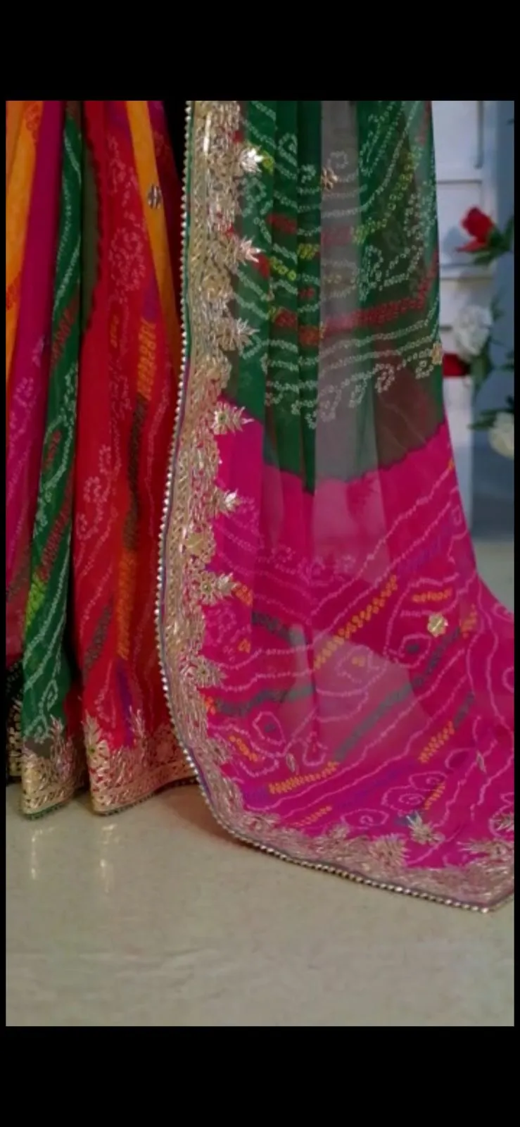 Traditional multicolor Bandhej Sarees In Gota Work