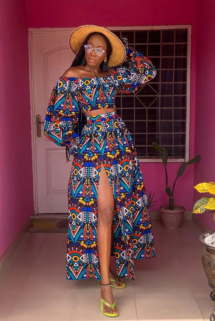 Tribal Print 2pc Maxi Skirt Long Sleeve Crop Top Set