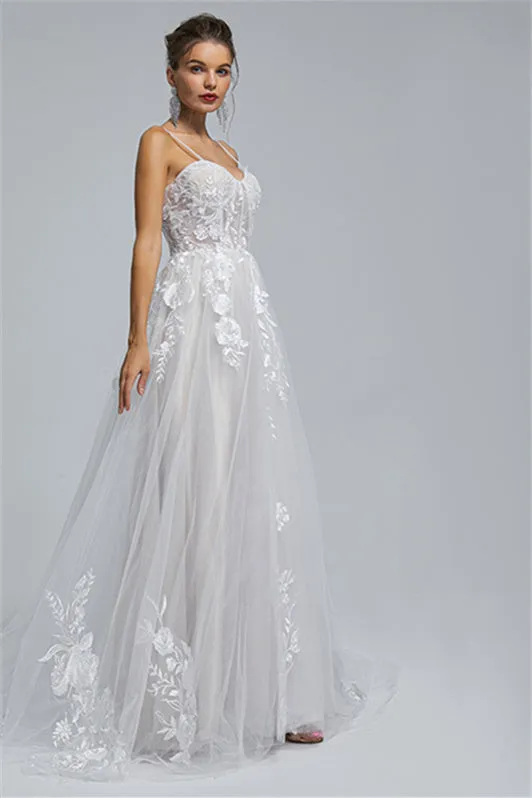 Tulle A-line Sheer Straps Sweetheart Applique Floor-length Sleeveless Wedding Dress Cover