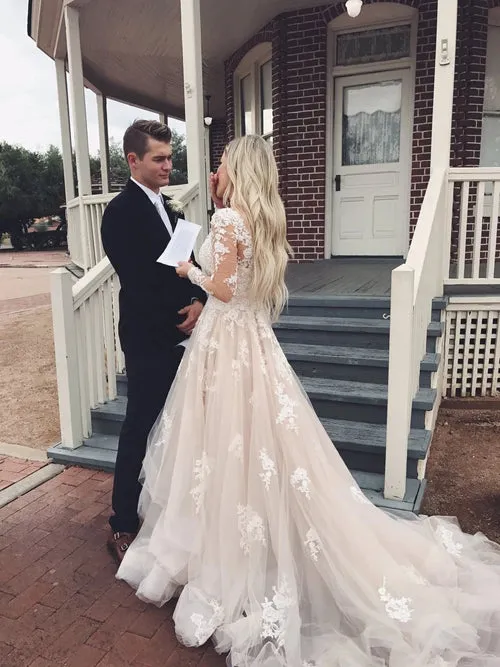 Tulle A-line V-neck Long Sleeve Lace Wedding Dresses with Train Prom Dress,MW483