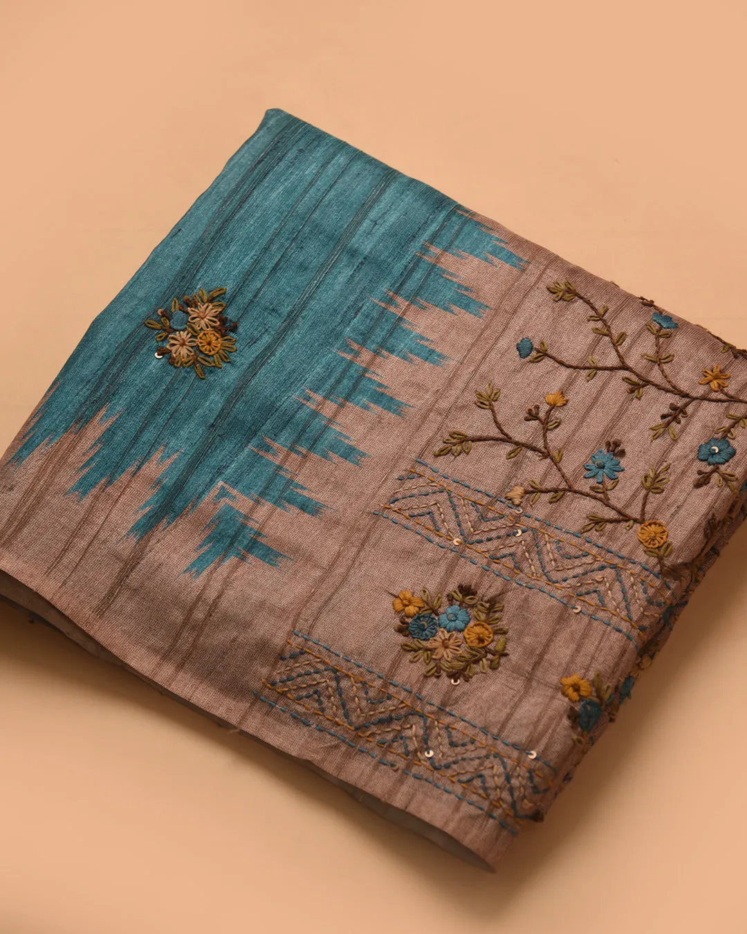 Turquoise With Beige Silk Cotton Blend Embroidered Saree With Silk Cotton Blouse