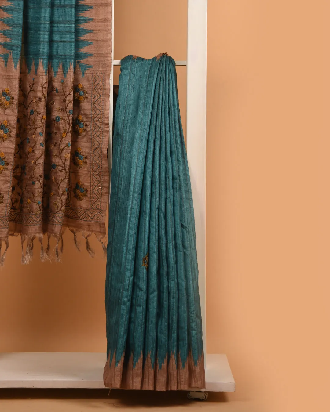 Turquoise With Beige Silk Cotton Blend Embroidered Saree With Silk Cotton Blouse
