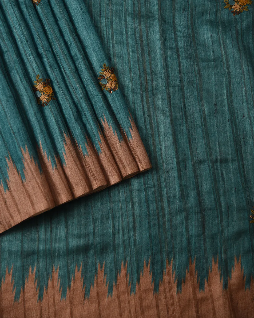 Turquoise With Beige Silk Cotton Blend Embroidered Saree With Silk Cotton Blouse