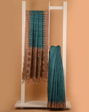 Turquoise With Beige Silk Cotton Blend Embroidered Saree With Silk Cotton Blouse