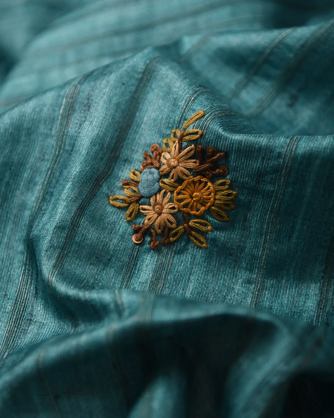 Turquoise With Beige Silk Cotton Blend Embroidered Saree With Silk Cotton Blouse