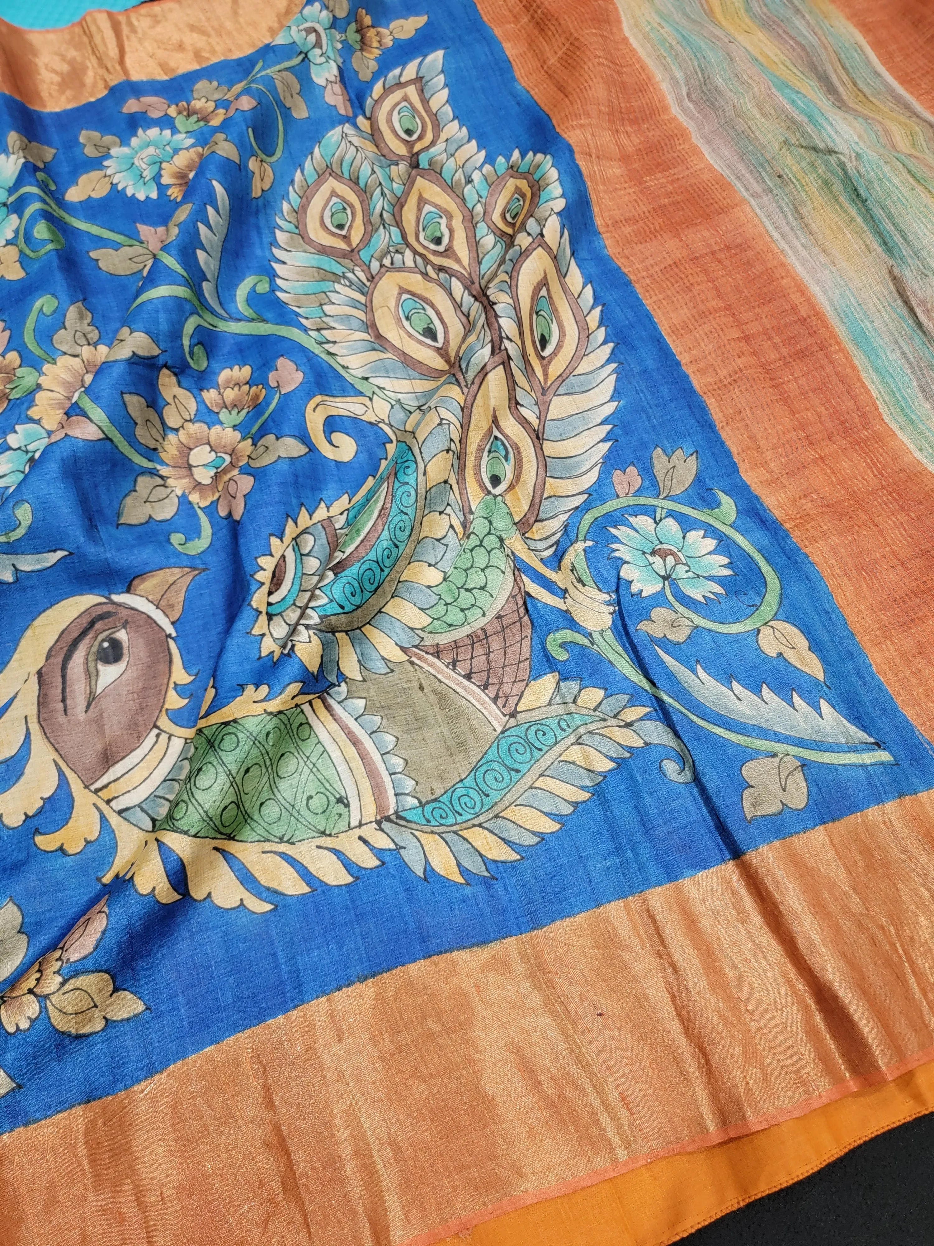 Tussar Pen Hand Drawn/ Kalamkari Saree w/ Blouse