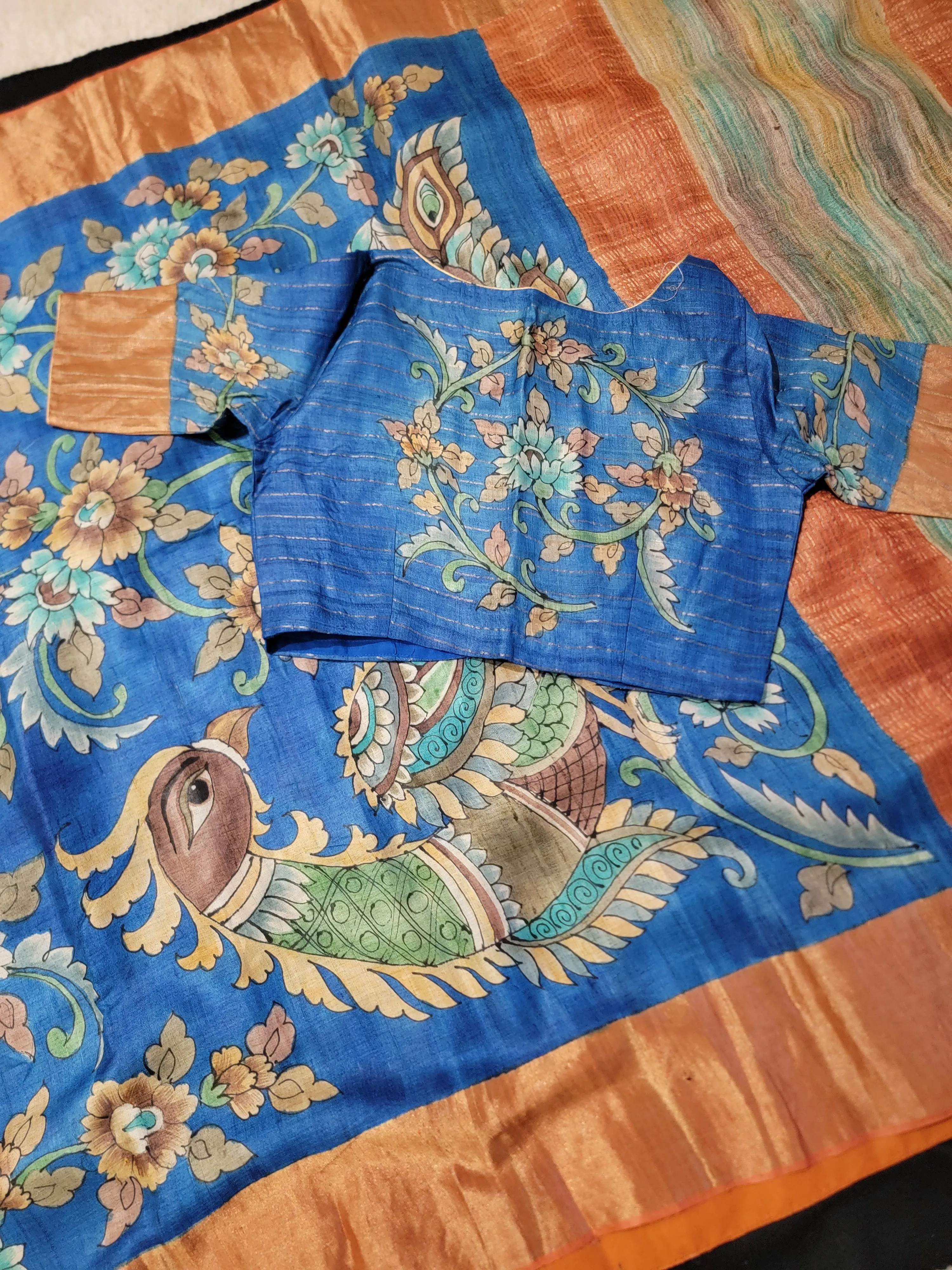 Tussar Pen Hand Drawn/ Kalamkari Saree w/ Blouse