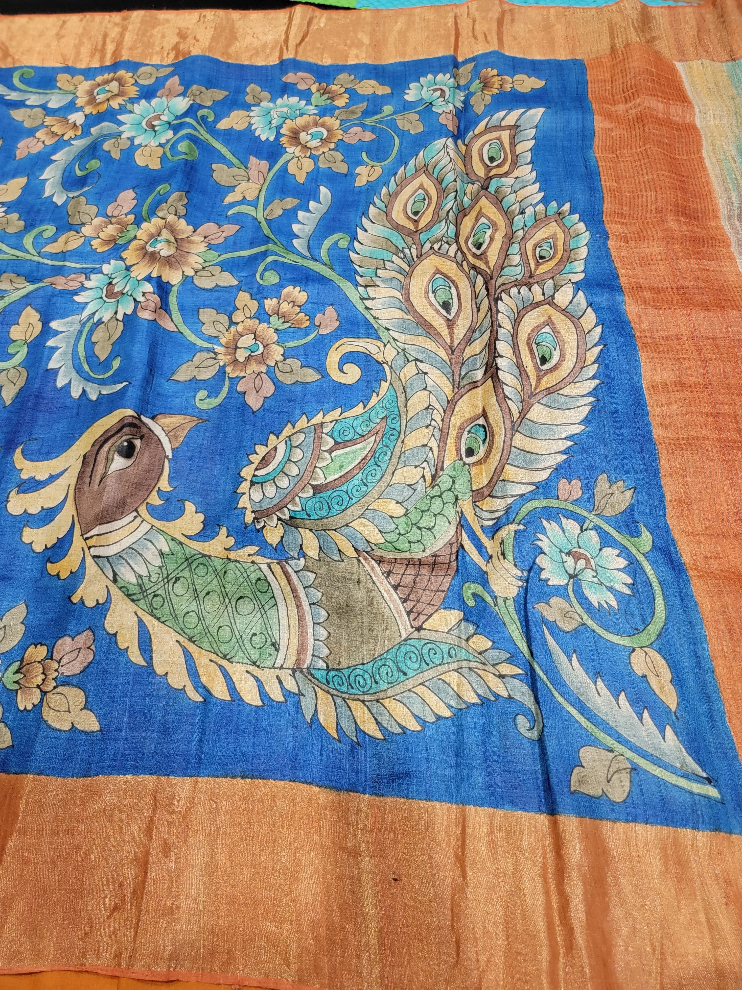 Tussar Pen Hand Drawn/ Kalamkari Saree w/ Blouse