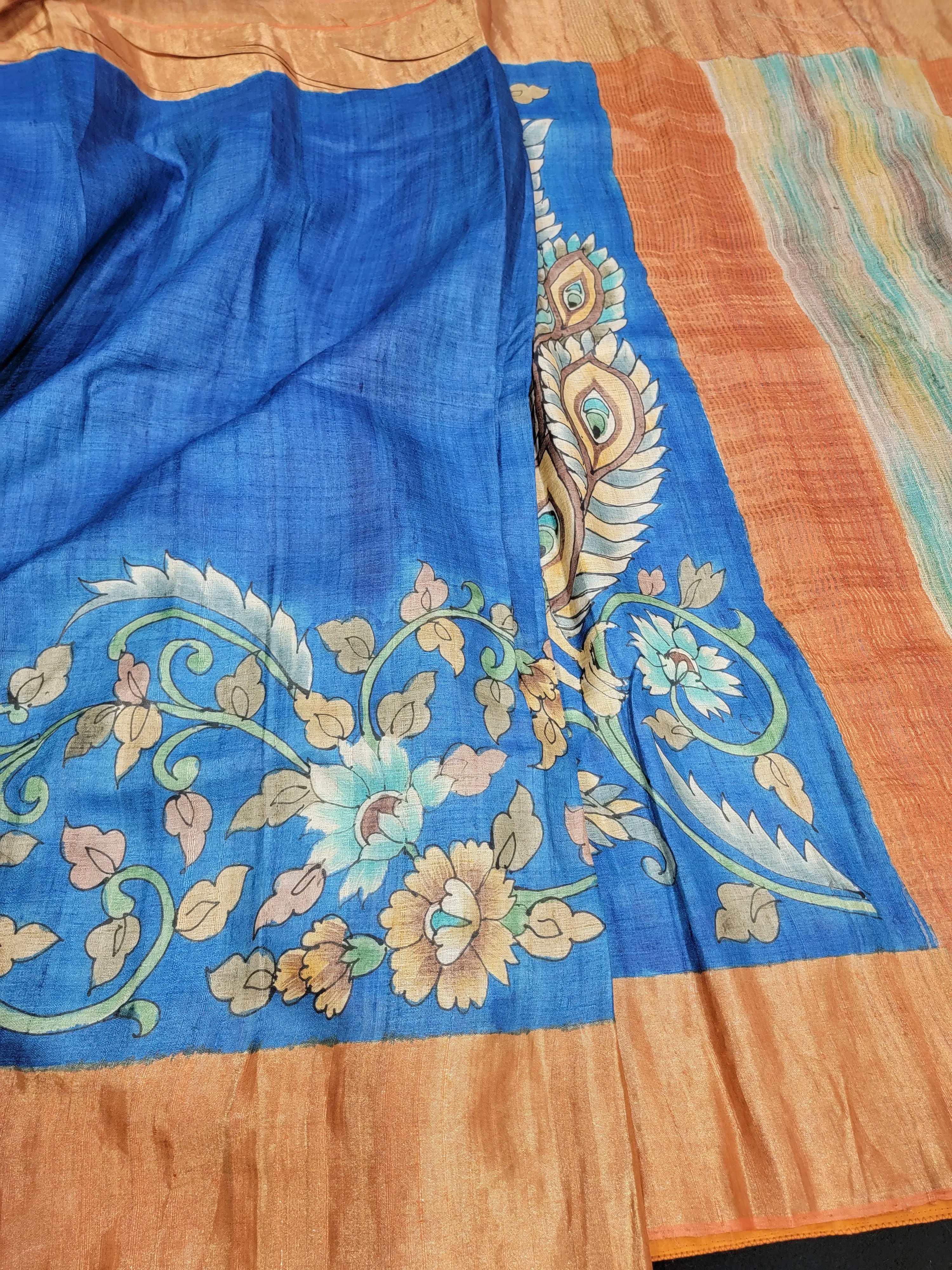 Tussar Pen Hand Drawn/ Kalamkari Saree w/ Blouse
