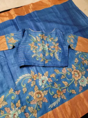 Tussar Pen Hand Drawn/ Kalamkari Saree w/ Blouse