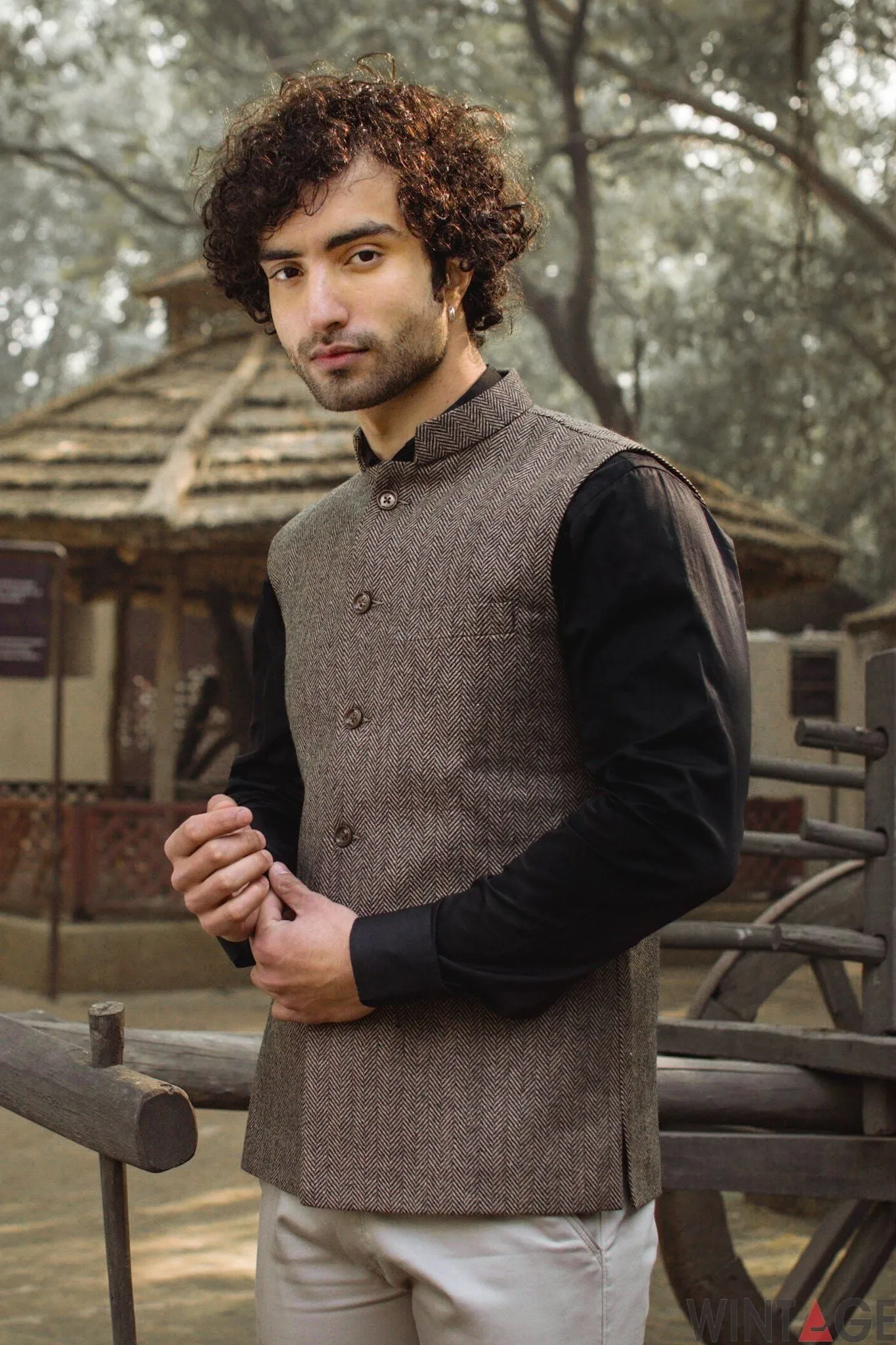 Tweed Wool Blend Brown Modi Nehru Jacket