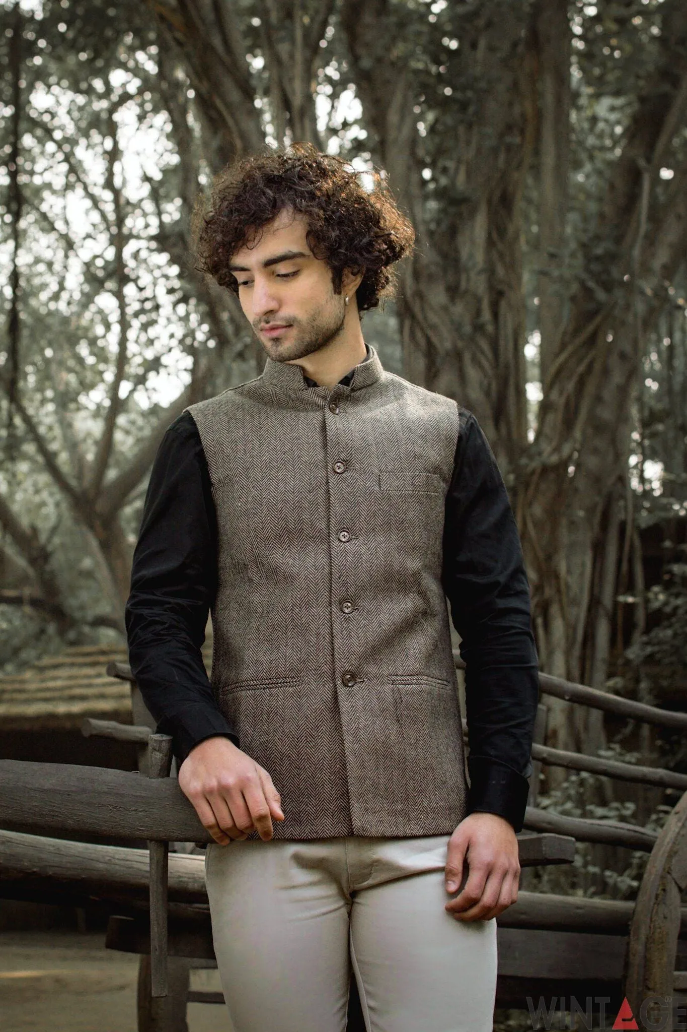 Tweed Wool Blend Brown Modi Nehru Jacket