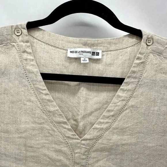 Uniqlo Ines De La Fressange Linen Tunic Dress Size M V-Neck Crochet Preppy Boho