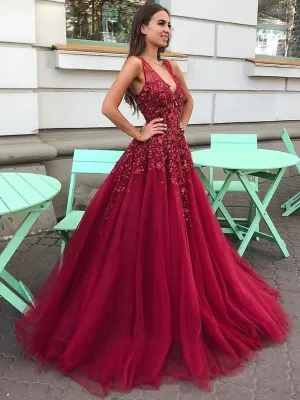 V Neck Burgundy Floral Long Prom, 3D Flower Burgundy Long Formal Evening