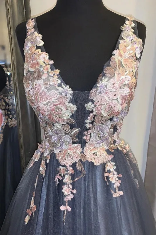 V Neck Lace Smoke Blue Long Prom Dresses, Smoke Blue Formal Graduation Evening Dresses with