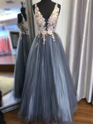 V Neck Lace Smoke Blue Long Prom Dresses, Smoke Blue Formal Graduation Evening Dresses with