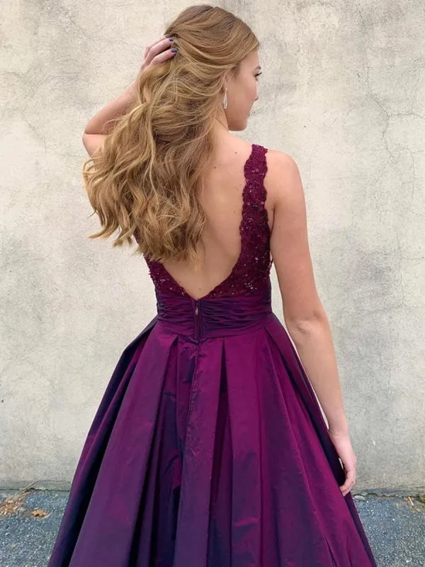 V Neck Open Back Purple Lace Long Prom with Pockets, V Neck Purple Lace Formal, Lace Purple Evening
